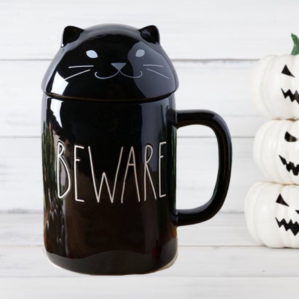 Rea Dunn Black Cat Mug BEWARE With Lid 16oz - Picture 1 of 4